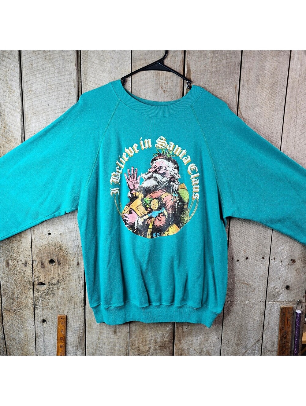 Vintage Hanes "I Believe in Santa Claus" Teal Christmas Sweatshirt XL 80s 90s